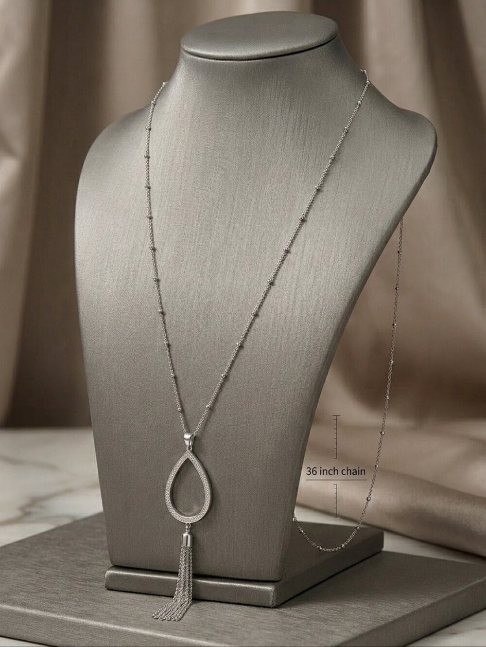 Swarovski Crystal Pavé Teardrop Tassel Necklace 925 Silver Overlay | Rhodium